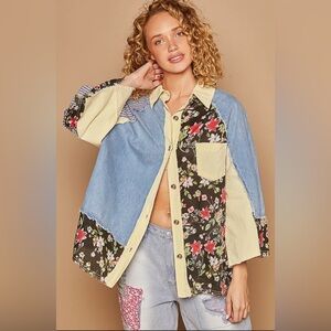 POL Oversize Raglan Sleeve Print Woven Mixed Button Down Shirts Size M